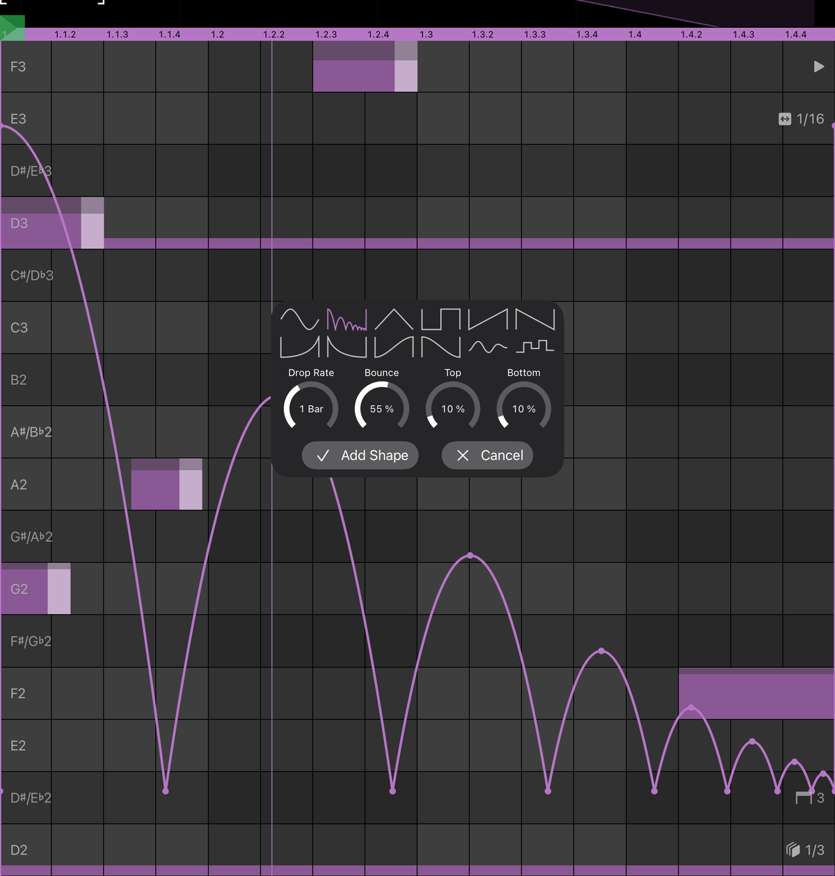 Tap Curve Generator previewing a dropping-ball automation shape over the iPad Step Sequencer